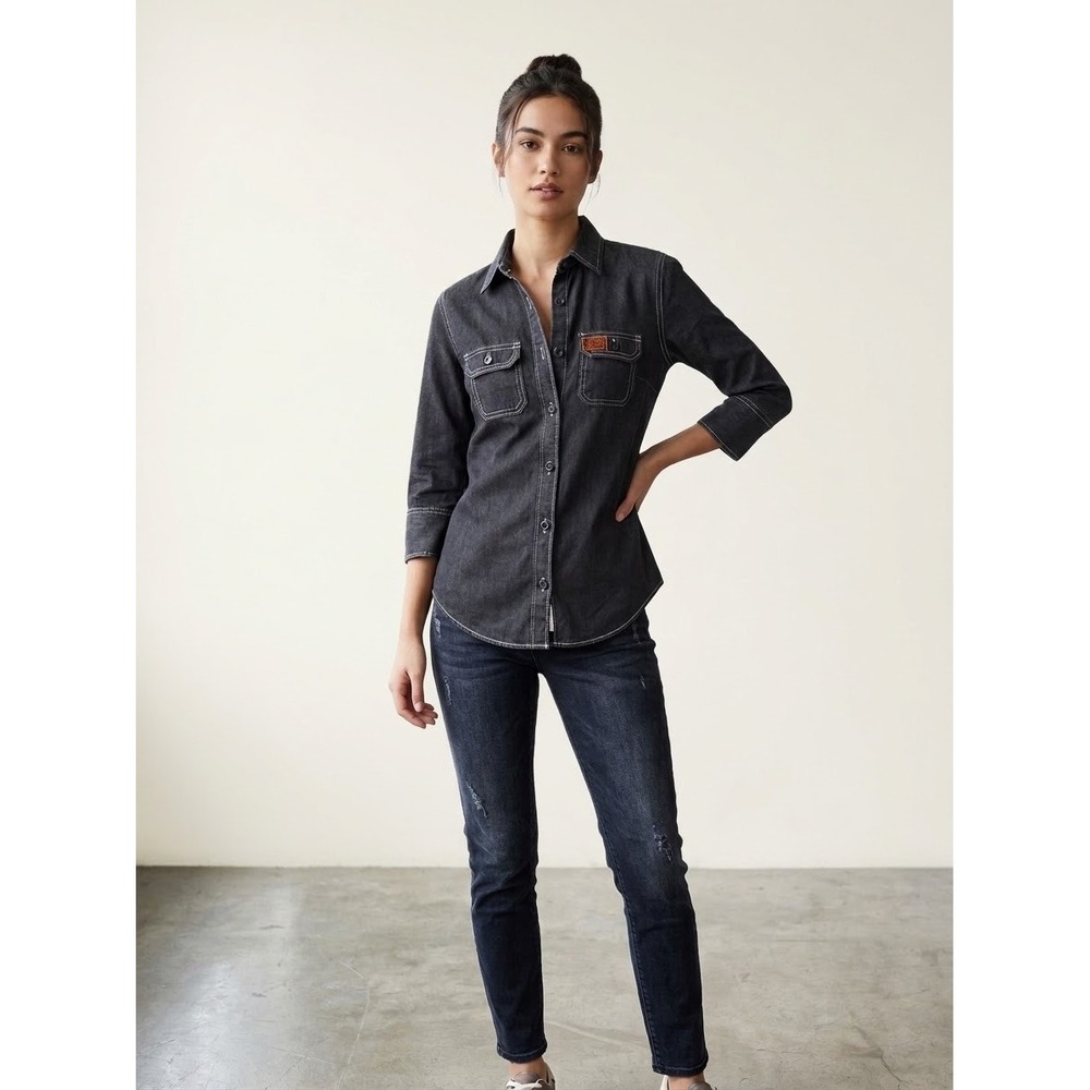 Superdry Button Up Shirt Womens S Black 3/4 Sleeve Contrast Stitching Streetwear